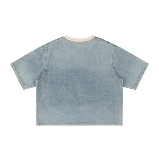 Minimal Vintage Wash Boxy Raw Hem Denim Tee