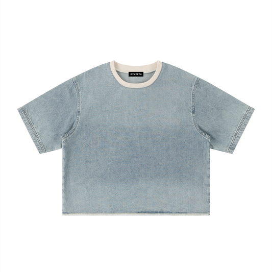 Minimal Vintage Wash Boxy Raw Hem Denim Tee