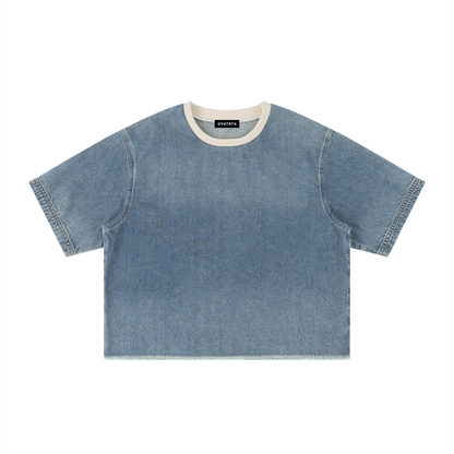 Minimal Vintage Wash Boxy Raw Hem Denim Tee