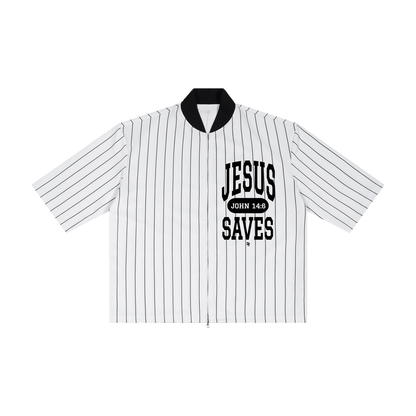 JESUS SAVES Classic | Striped Full-Zip Baseball Jersey