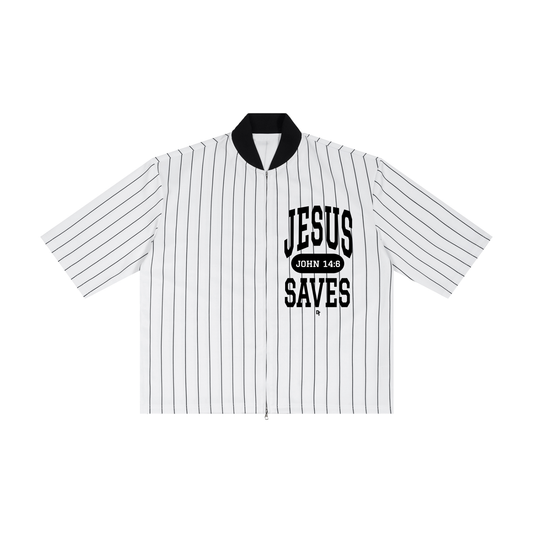 JESUS SAVES Classic | Striped Full-Zip Baseball Jersey