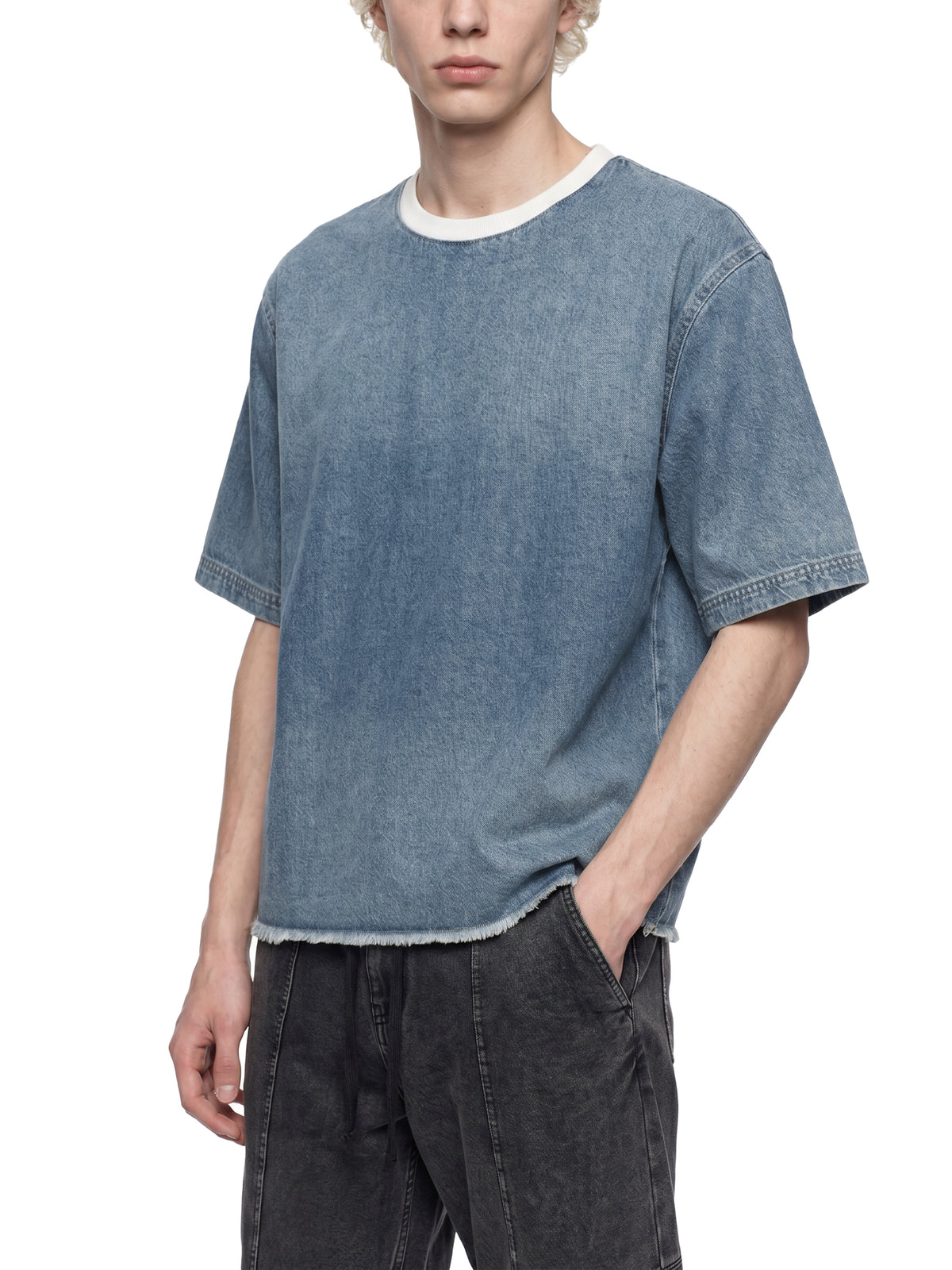 Minimal Vintage Wash Boxy Raw Hem Denim Tee